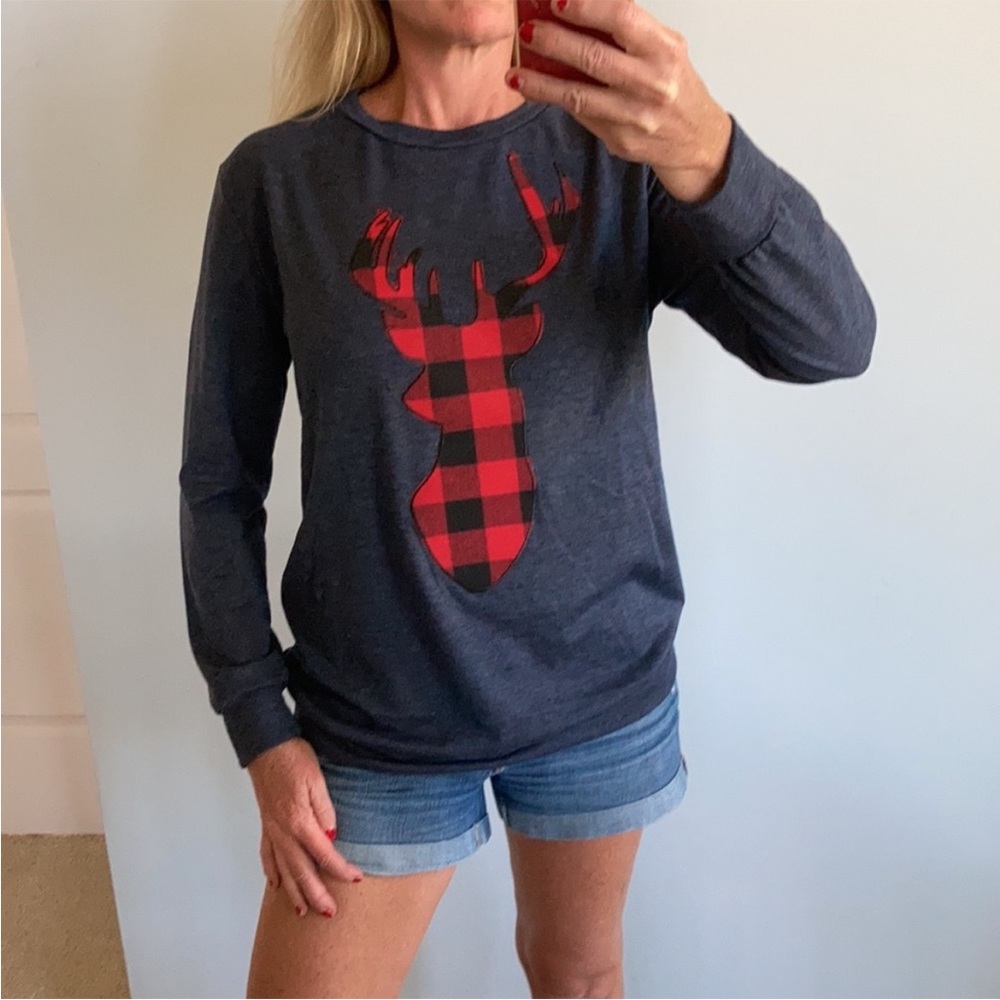 French Terry Long Sleeve Plaid Reindeer Top - Picture 2 of 11